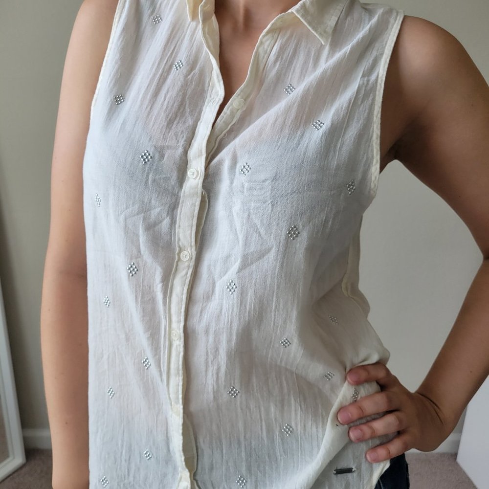 Cream Sleeveless Button Down W/ Silver Diamonds - image 5